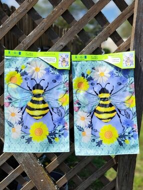 Set of 2 -Whimsical Bee Embroidered Yard Flag - Yellow & Periwinkle